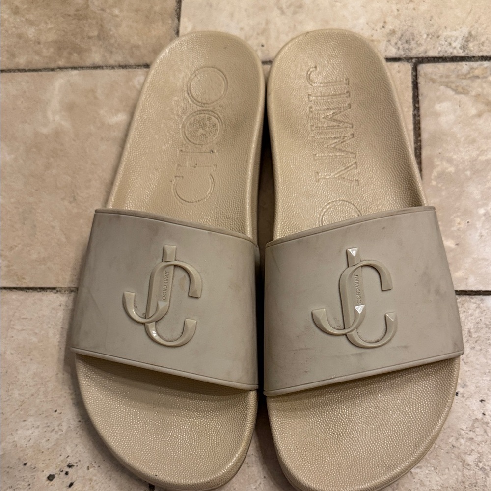 Jimmy Choo Beige Logo Plaque Slide Sandals
